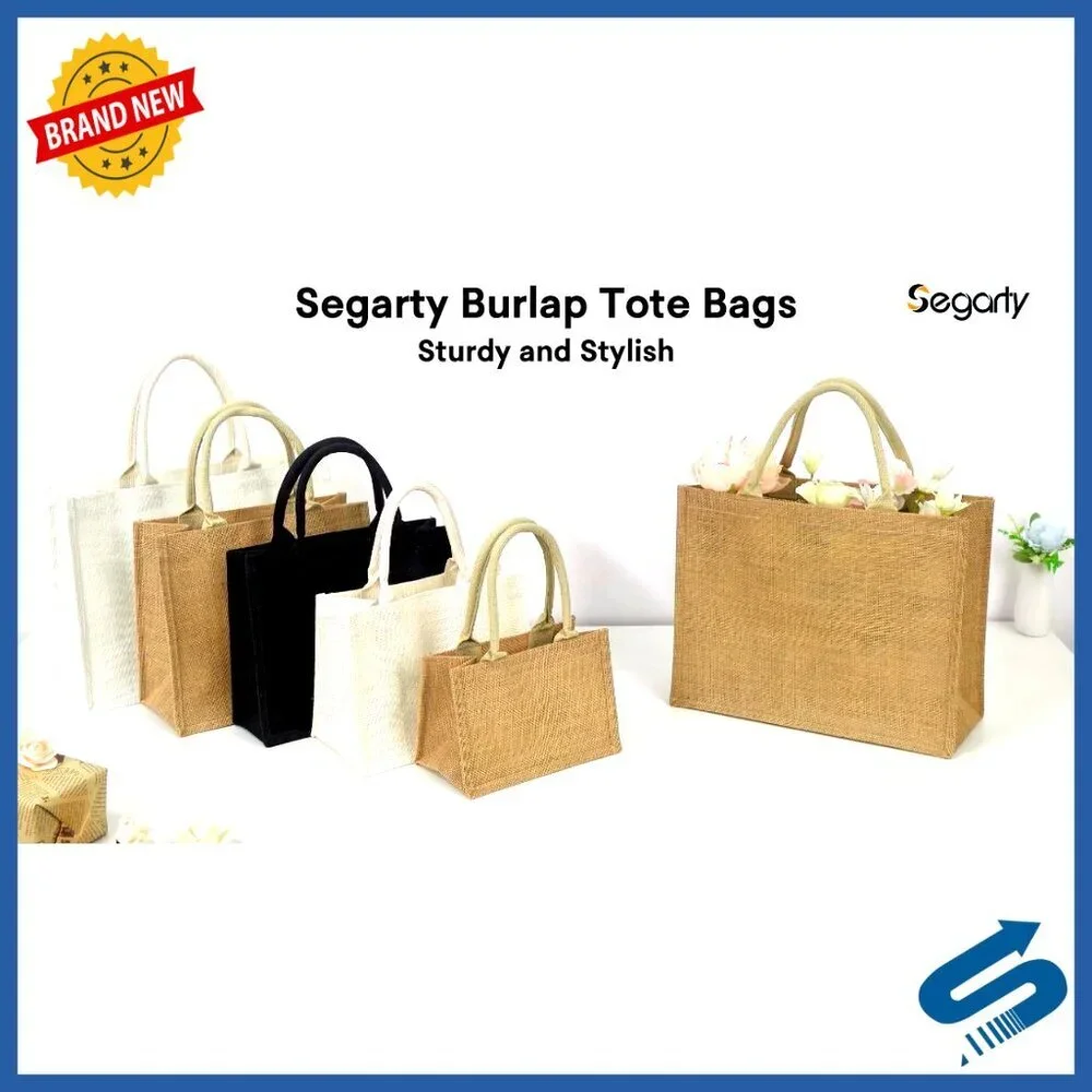 Large Natural Burlap Jute Canvas Tote Bags 3 Pack Reusable Eco-Friendly